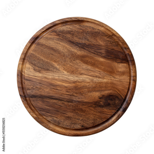 Round wooden cutting board with juice groove isolated on transparent background