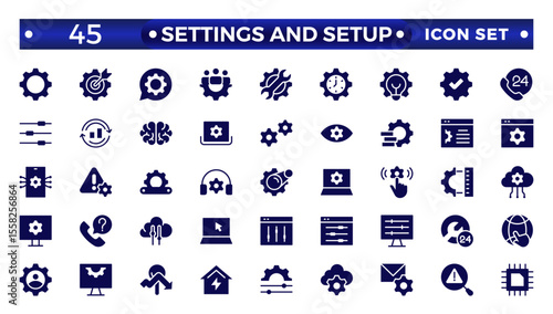 Settings and setup solid icon set. Containing options, configuration, preferences, adjustments, operation, gear, control panel, equalizer, optimization and setup icons. Solid icon collection.