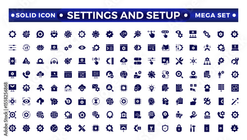 Settings and setup solid icon set. Containing options, configuration, preferences, adjustments, operation, gear, control panel, equalizer, optimization and setup icons. Solid icon collection.