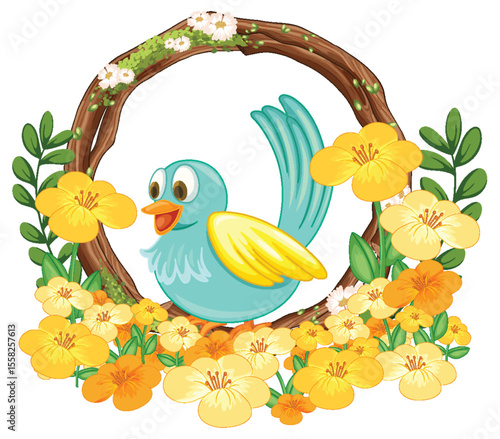 Cheerful Bird Surrounded by Floral Wreath