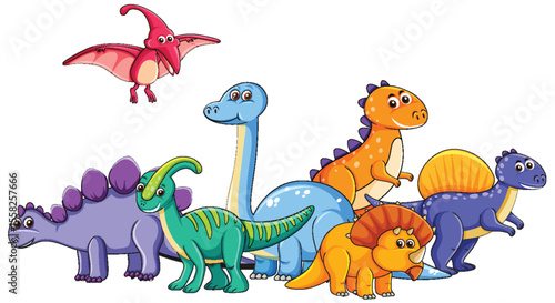 Colorful Cartoon Dinosaurs in Playful Group Illustration