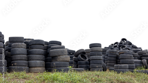Isolated low angle view of pile of car tires.