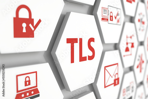 Wallpaper Mural 3D hexagonal grid with red security icons and central TLS text, featuring modern flat design elements symbolizing encrypted communication and network protection, TLS, Transport Layer Security, net
 Torontodigital.ca