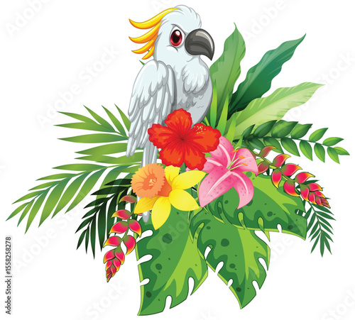 Tropical Bird with Exotic Floral Arrangement