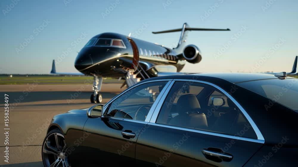 A stylish black car is parked beside a private jet at an airport, illuminated by the warm glow of sunset. This scene reflects luxury travel at its finest with elegance and sophistication