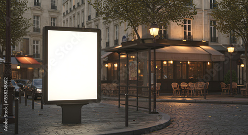 Empty billboard in a Parisian street scene at twilight
