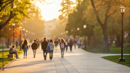 Defocused Campus Life with Students Moving Around in Vibrant Glow