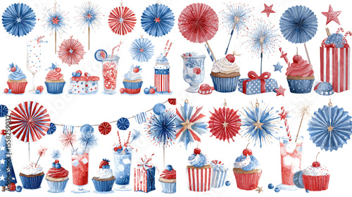 Festive watercolor party decorations in red, white, and blue including cupcakes, rosettes, drinks, and banners, ideal for patriotic celebrations.


