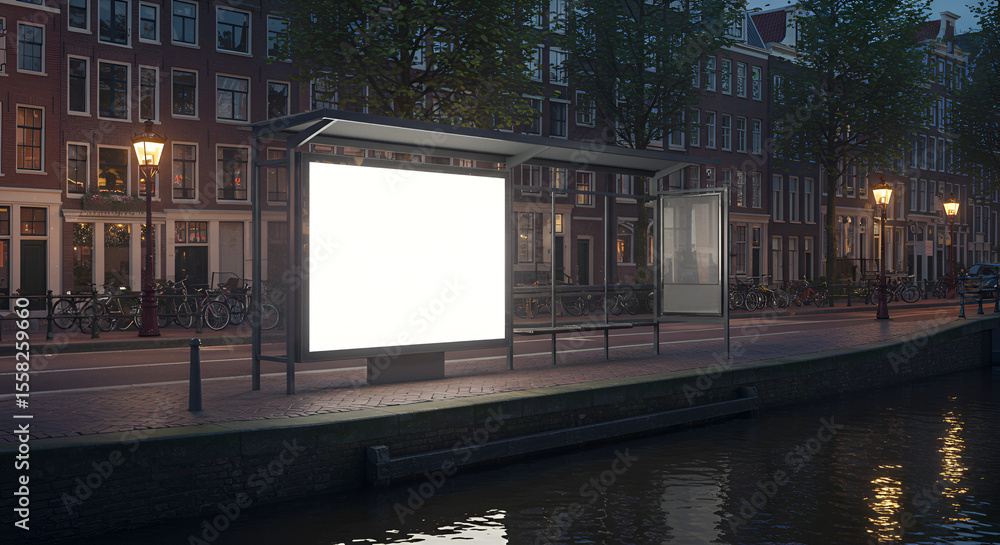 Fototapeta premium Empty billboard on a canal-side bus stop at night