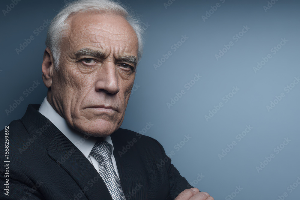 Fototapeta premium portrait of prosecutor in strict suit positioned on left side of frame exuding confidence