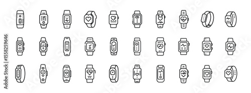 Smartwatch Icon Set. Containing smartwatch, wearable, fitness tracker, digital watch, health monitor, wrist gadget, timepiece, heart rate tracker, and wearable device icons. Solid icon collection.