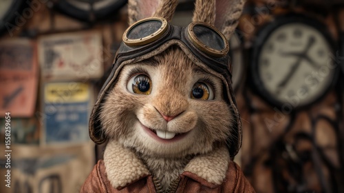 Cartoon-style rabbit wearing vintage aviator goggles and a brown leather jacket with shearling collar, smiling cheerfully with expressive eyes, aircraft parts in the background suggesting adventure