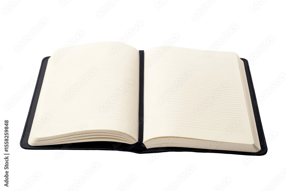 Professional black lined notebook open and closed on a clean white background showcasing blank pages ready for writing or sketching Professional black lined notebook open and closed on a clean white background showcasing blank pages ready for writing or sketching