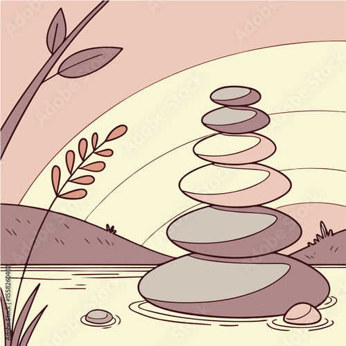 Zen Stone Stack in Serene Nature with Rainbow – Minimalist Vector Landscape