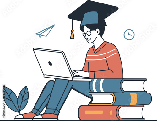 Graduate Student with Laptop Sitting on Books Illustration, Online Education and E-Learning Concept