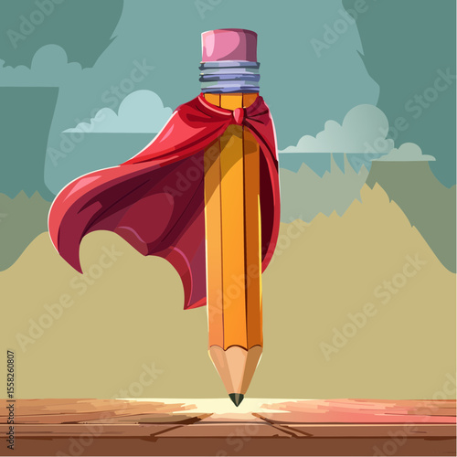 A superhero cape hanging on a pencil – kids’ tools become heroic.
