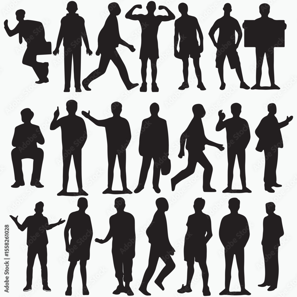 Diverse Black Silhouettes of People in Various Poses - Vector Icon Set Diverse Black Silhouettes of People in Various Poses - Vector Icon Set