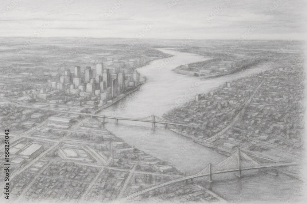 Aerial view of Houston pencil drawing featuring bridges and skyscrapers Aerial view of Houston pencil drawing featuring bridges and skyscrapers