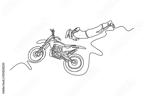 Continuous one line drawing fearless professional motocross rider skillfully executes an extreme maneuver, showcasing remarkable balance and daring. Single line draw design vector graphic illustration