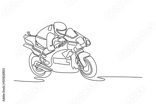 Single one line drawing motorcycle rider racing on the race track at high speed with motion on international circuit. Super bike racing concept. Continuous line draw design graphic vector illustration