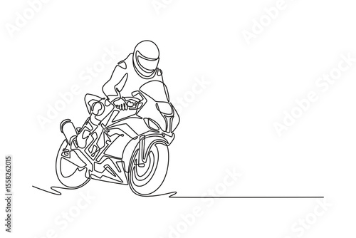 Single one line drawing motorcycle racer entering the turn on the race track at international circuit. Super motorbike race competition. Modern continuous line draw design graphic vector illustration