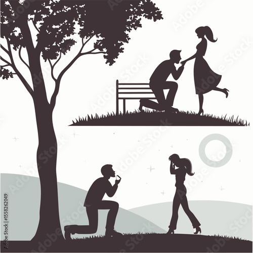 Romantic silhouette of a man proposing marriage to a woman under a tree and another proposal scene with a moon in the background