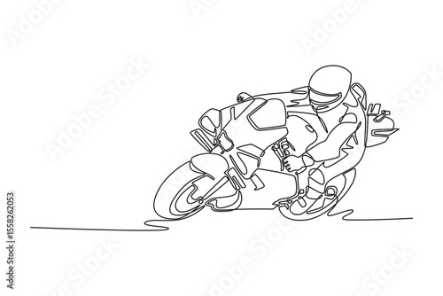 Single one line drawing attractive rider on sport motorcycle leaning and dragging knee. Moto racer practice to improve speed at circuit. Modern continuous line draw design graphic vector illustration