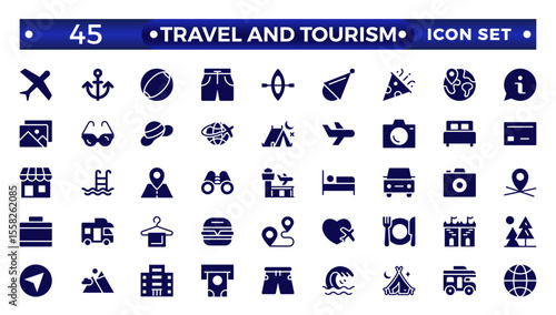 Travel solid  icon set. Summer vacations and holiday symbol vector illustration. Travel and tourism solid  icon set. Airplane, trip, beach, passport, camping, hotel.
