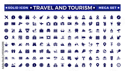 Travel solid  icon set. Summer vacations and holiday symbol vector illustration. Travel and tourism solid  icon set. Airplane, trip, beach, passport, camping, hotel.
