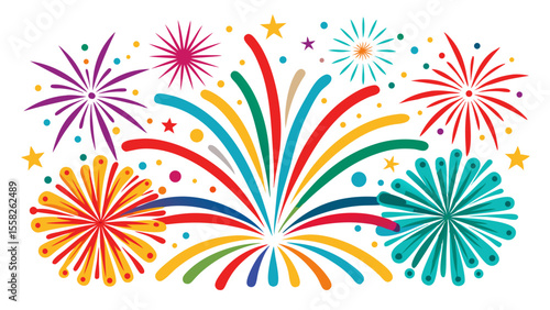 A vibrant display of colorful fireworks bursts across a white background, ideal for celebratory designs