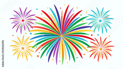A vibrant burst of colorful fireworks explodes against a white background, creating a festive and celebratory mood