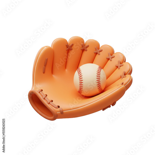 Orange baseball glove with ball isolated on transparent background