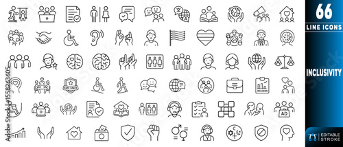Inclusivity line icons set showcasing diverse people and activities for various uses. Vector illustration, Editable Stroke.