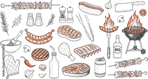 Illustration of barbecue food with grill and various grilled items