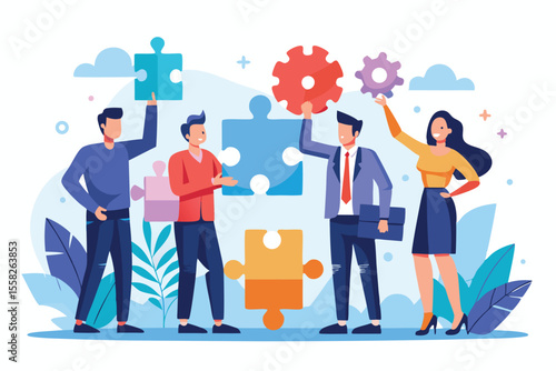 Solutions leaders collaborating to solve problems with puzzle pieces in a vibrant office setting during a brainstorming session