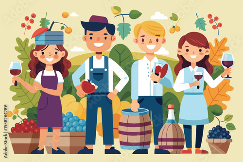 Cartoon characters of young people enjoying the harvest festival while dealing with wine in a vibrant countryside setting