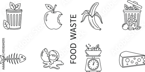 Line art illustration of food waste items and recycling containers