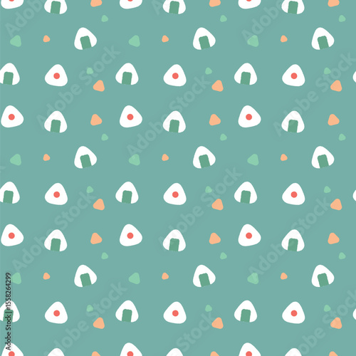 シンプルでかわいいおにぎりと三角形のシームレス背景・グリーン