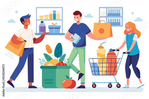 Stages of making an online grocery purchase illustrated with shoppers preparing their orders and selecting items in a digital setting