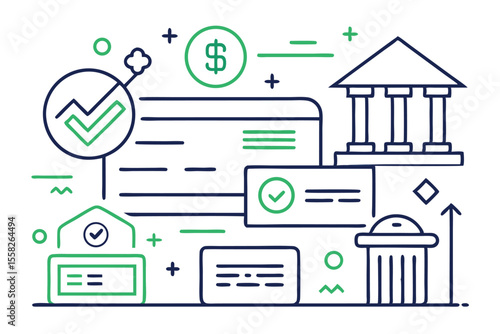 Bank check vector line icons for easy digital or print use featuring symbols like currency, government buildings, and check designs