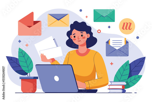Woman communicating through email while handling documents at a workspace with plants and books in view during daytime