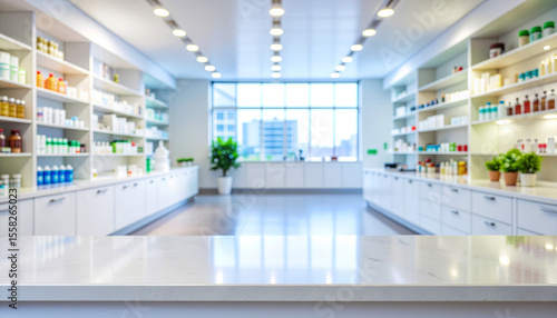 Close-up of the pharmacy counter against a blurry pharmacy background.