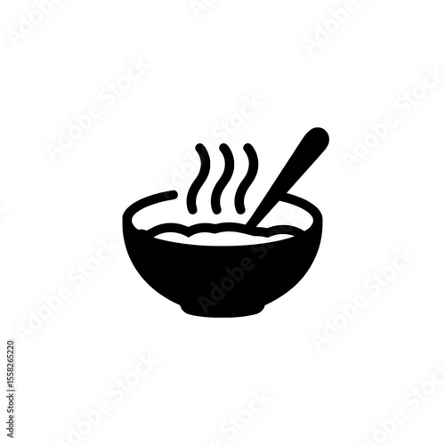 bowl of soup , A black silhouette of a bowl of soup with steam and a spoon inside it transparent background , no  background