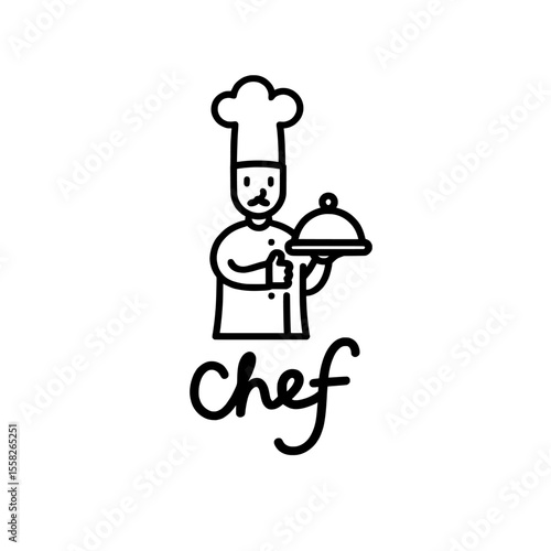 vector illustration of a chef with a tray of food , chef holding a platter with thumbs up and chef text below transparent background , no background