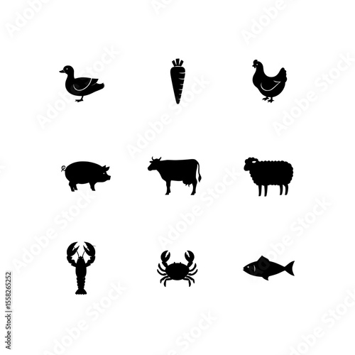 farm animals silhouettes , various animal and vegetable silhouettes arranged on a white background transparent background , no  background