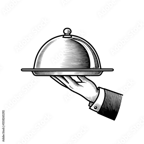 restaurant cloche icon , Hand holding a silver serving platter with a domed lid illustration transparent background , no  background 