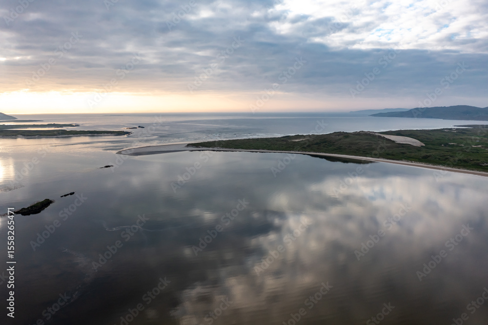 Fototapeta premium Aerial of Dooey beach and Gweebarra bay by Lettermacaward, County Donegal, Ireland