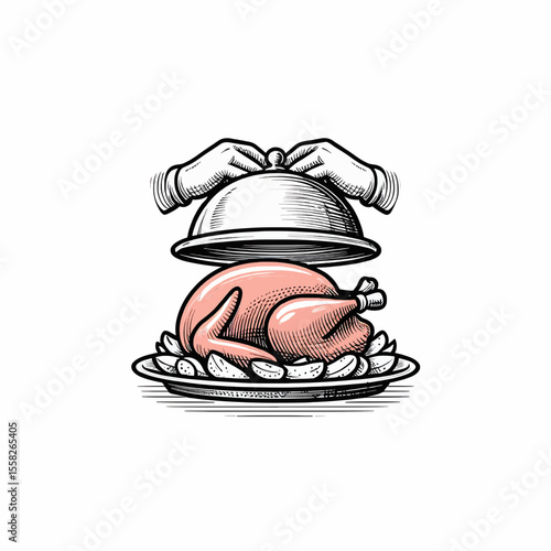 chef with tray ,  chef holding tray , Drawing of hands removing a silver dome from a platter of roast turkey transparent background , no  background