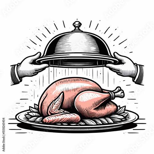 waiter serving tray , Hands lifting a silver cloche to reveal a turkey on a platter drawing transparent background , no  background