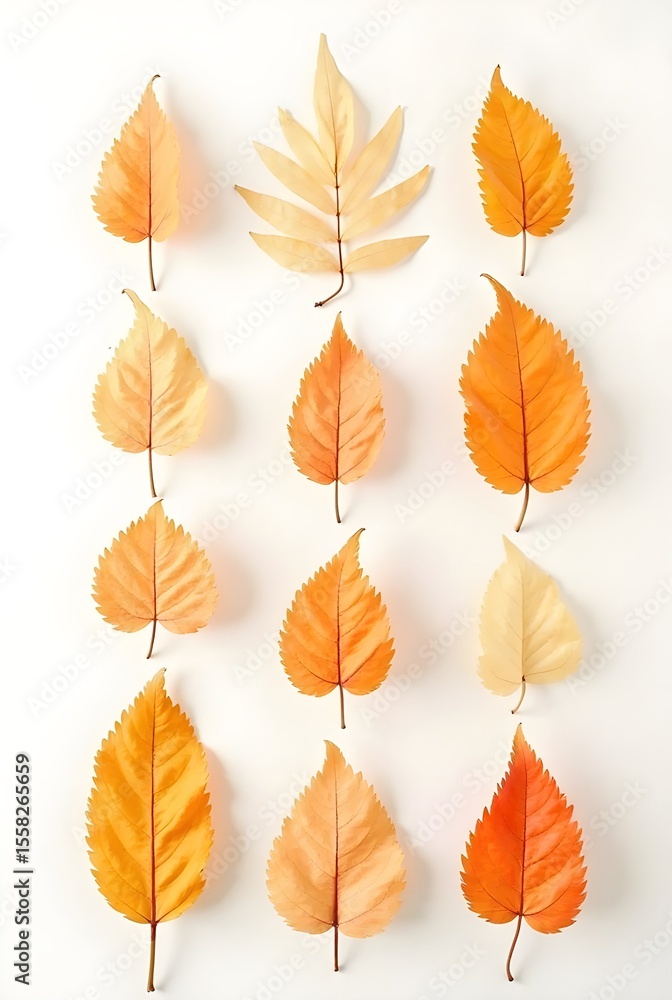 Obraz premium Beautiful Orange Autumn Leaves Collection Arranged on White Background Display. Stunning collection of vibrant orange fall leaves showcasing various shapes including maple elm and compound leaves.